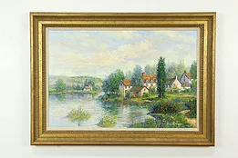 Pond Scene & Farms Vintage Original Oil Painting Signed Fiora Cozzi 44" #33799