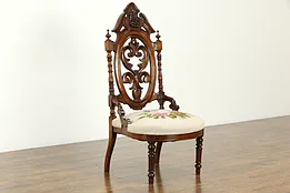Victorian Antique 1850 Grape Carved Walnut & Needlepoint Slipper Chair #34180