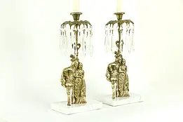 Victorian Pair Antique Brass, Marble & Crystal Candelabra or Candlesticks #34304