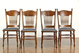 Victorian Set of 4 Oak Antique Dining or Game Table Chairs New Upholstery #34574