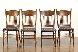 Victorian Set of 4 Oak Antique Dining or Game Table Chairs New Upholstery #34574