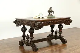 Renaissance Antique Oak Library Table Desk Carved Lion Heads #33739