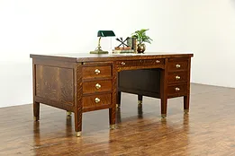 Craftsman Executive Antique 6' Quarter Sawn Oak Desk, Brass Feet & Pulls #34084