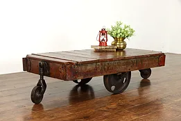 Oak Antique Industrial Salvage Railroad Cart, Iron Wheels, Coffee Table #34652