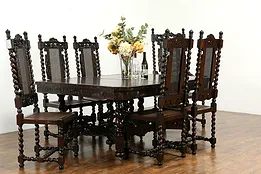 English Tudor Antique Barley Twist Dining Room Set, 6 Chairs, Table  #34723
