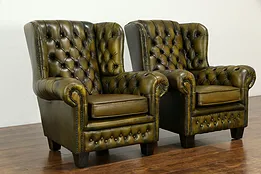 Pair of English Chesterfield Tufted Leather Vintage Club Chairs #33749