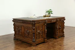Renaissance Italian Antique Oak Library Partner Desk, Carved Lions #33756