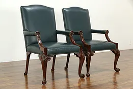 Pair of Georgian Style Vintage Leather & Carved Mahogany Chairs, Baker #34002
