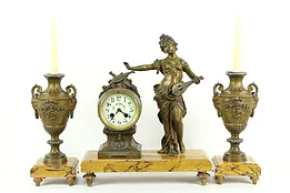 French 3 Pc Antique Marble Mantel Clock Set, Musique by Moreau Sculpture #34729