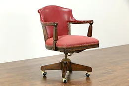 Oak & Leather Vintage Swivel & Adjustable Office Desk Chair, Romweber #35510