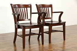 Pair of Antique 1915 Walnut Banker, Desk or Office Chairs #35467