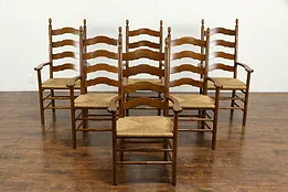 Set of 6 Vintage Cherry Ladderback Farmhouse Arm Chairs, Rush Seats #35622