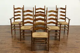 Set of 6 Vintage Cherry Ladderback Farmhouse Arm Chairs, Rush Seats #35622