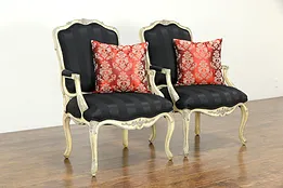Pair of French Farmhouse Hand Painted Vintage Chairs, New Upholstery #34445