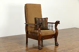 Victorian Antique Oak Morris Recliner Chair, Royal, Carved Lions & Paws #35299