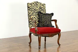 French Large Antique Carved Beech Chair, Tiger Stripe & Mohair Upholstery #35763