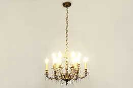 Brass Vintage 12 Candle Chandelier, Cut European Prisms #35794