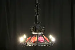 Craftsman Antique Tudor Chandelier, Brass & Stained Glass Light Fixture #35198