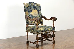 French Antique Fruitwood Chair, Carved Paw Feet, Needlepoint Tapestry #35551