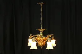 Art Nouveau Antique Chandelier Light Fixture, Quezal Art Glass Shades #35396
