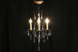 Wrought Iron 3 Candle Vintage Hand Painted Chandelier, Teardrop Prisms #36058