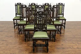 Set of 10 Antique Black Forest Farmhouse Oak Dining Chairs, Grapevines #34451