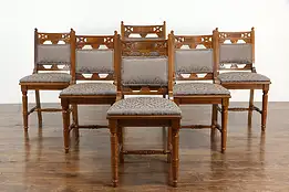 Victorian Eastlake Antique Set of 6 Walnut Dining Chairs, New Upholstery #34822