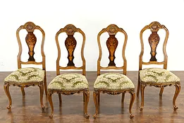 Set of 4 Antique Carved Italian Marquetry Game or Dining Chairs #36136