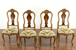 Set of 4 Antique Carved Italian Marquetry Game or Dining Chairs #36136