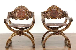 Pair Spanish Vintage Savonarola Chairs Grape Carved, Tooled Leather #36185