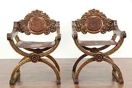 Pair Spanish Vintage Savonarola Chairs Grape Carved, Tooled Leather #36185