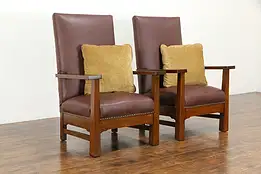 Arts & Crafts Mission Oak Antique Pair of Large Craftsman Lodge Chairs #36203