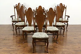Set of 8 Art Nouveau Antique Carved Oak Dining Chairs, New Upholstery #36286