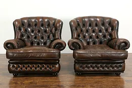 Pair Vintage Scandinavian Tufted Leather Chesterfield Style Wing Chairs #36501