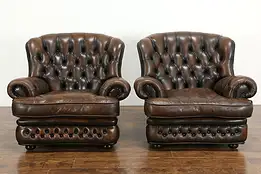 Pair Vintage Scandinavian Tufted Leather Chesterfield Style Wing Chairs #36501