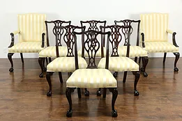 Set of 8 Georgian Chippendale Vintage Mahogany Dining Chairs, New Fabric #33875