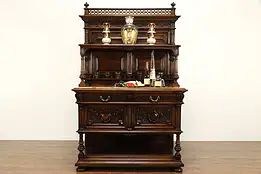 Renaissance Antique Carved Walnut Italian Bar, Sideboard, Server, Marble  #36315