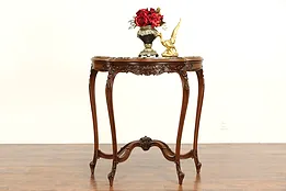 Carved Walnut Antique French Hall Console Table, Marble Top #36389