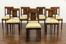 Set of 8 Rosewood Marquetry Antique Italian Dining Chairs, New Upholstery #36518