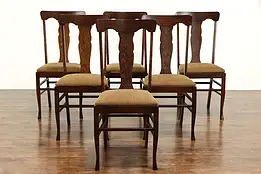 Set of 6 Solid Oak Antique Dining Chairs, New Upholstery #36053