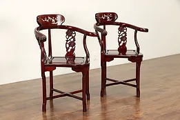 Pair of Chinese Vintage Rosewood Corner Chairs, Pearl & Abalone Marquetry #36255