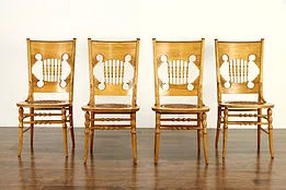 Victorian Set of 4 Carved Birch Dining or Game Chairs, Leather Seats #36717