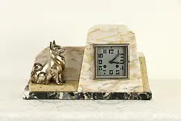 Art Deco French Antique 3 Color Marble Clock with Dog Statue, F. Marti #36457