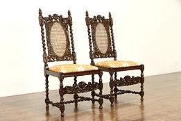Pair Renaissance Oak Antique Dining, Desk or Hall Chairs, Carved Angels #36871