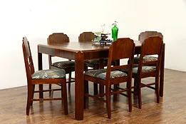 Art Deco 1930's Vintage Dining Set, Table, 6 Chairs, New Upholstery  #36886