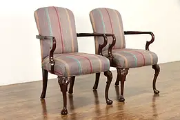 Pair of Traditional Georgian Design Vintage Carved Mahogany Office Chairs #37025