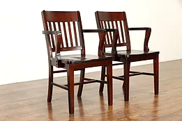 Pair of Antique Birch Hardwood Office or Library Desk Chairs with Arms #34105