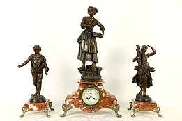 French Antique Red Marble 3 Pc Mantel Clock Set with Statues, Marti #35954