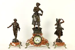 French Antique Red Marble 3 Pc Mantel Clock Set with Statues, Marti #35954