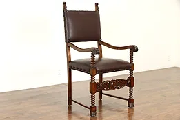 Renaissance Italian Antique Library or Office Chair with Arms, Leather  #37175